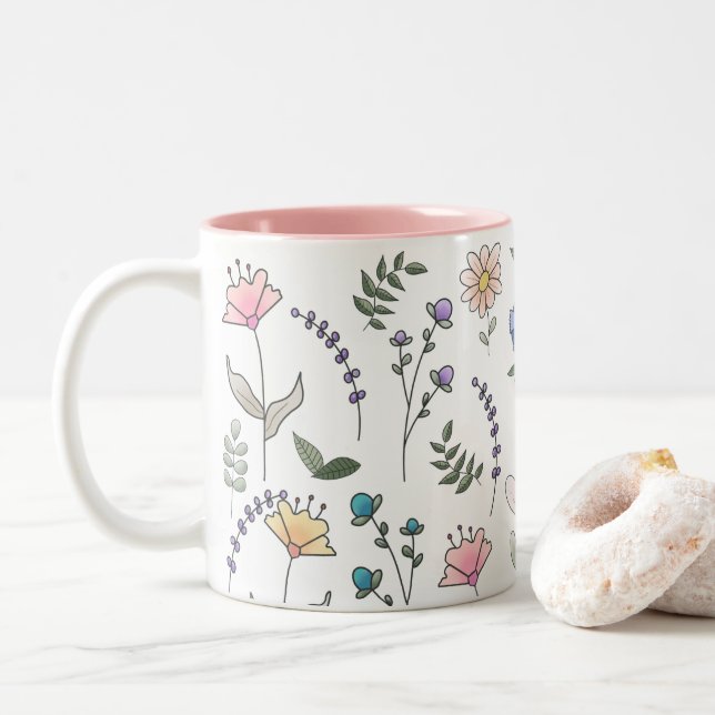 Spring Watercolor Doodle Flowers Two-Tone Coffee Mug (With Donut)