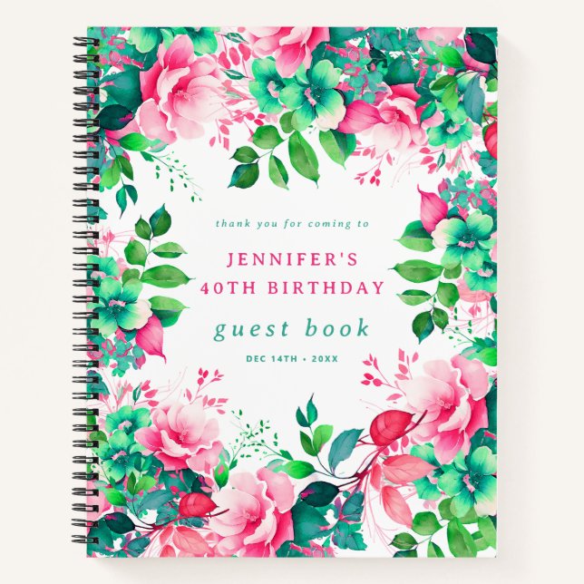 Spring Watercolor Floral 40th Birthday Guest Book (Front)