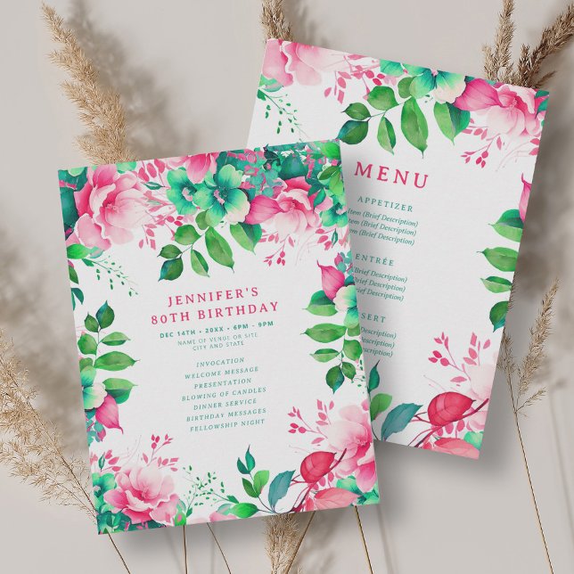 Spring Watercolor Floral 80 Programme d'anniversai (Spring Watercolor Floral 80 Birthday Program Menu)