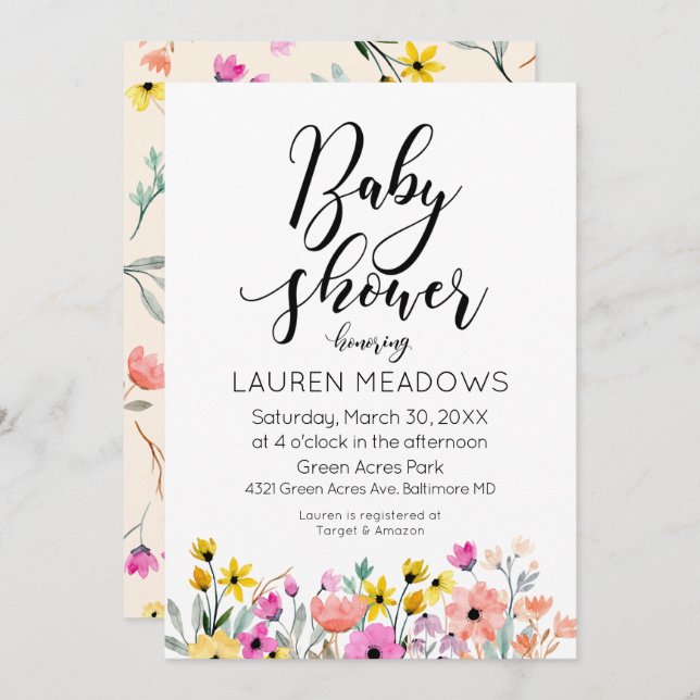 Spring Watercolor Floral Baby Shower Invitation (Front/Back)