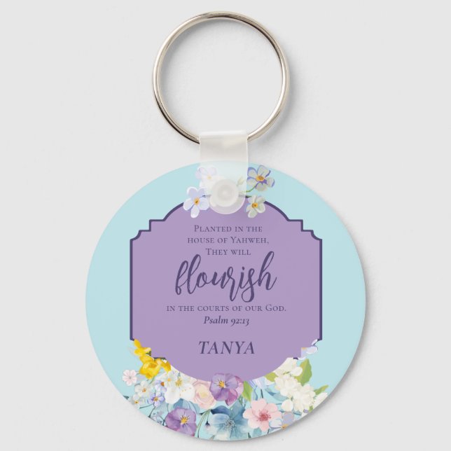 Spring Watercolor Floral Bible Verse Personalized Keychain (Front)