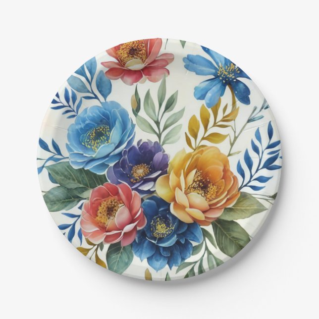 Spring Watercolor Floral Print Paper Plate (Front)
