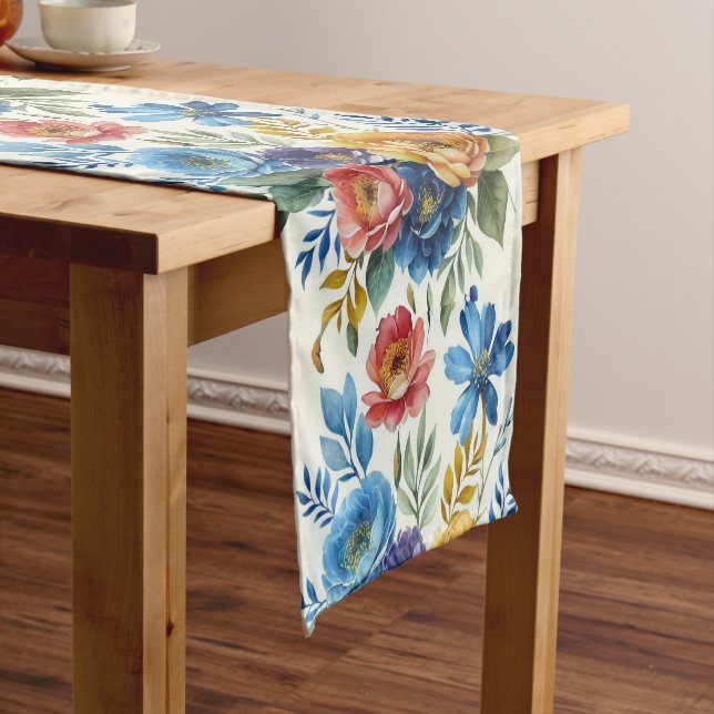 Spring Watercolor Floral Print Short Table Runner (In Situ)