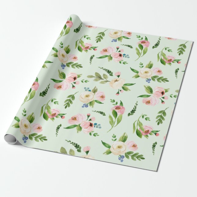 Spring watercolor floral wedding wrapping paper (Unrolled)