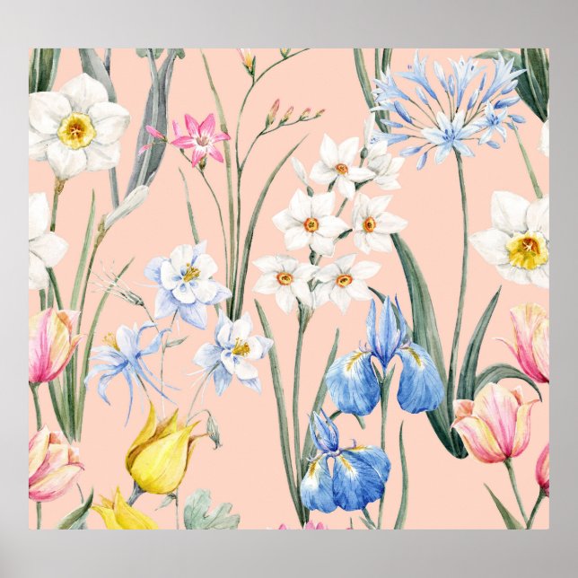 Spring watercolor florals, retro wallpaper. poster (Front)