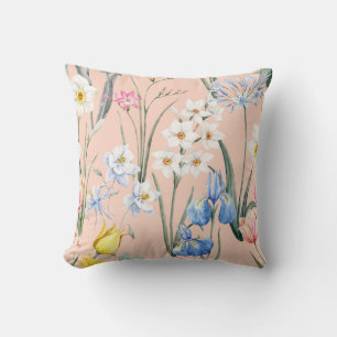 Spring watercolor florals, retro wallpaper. throw pillow