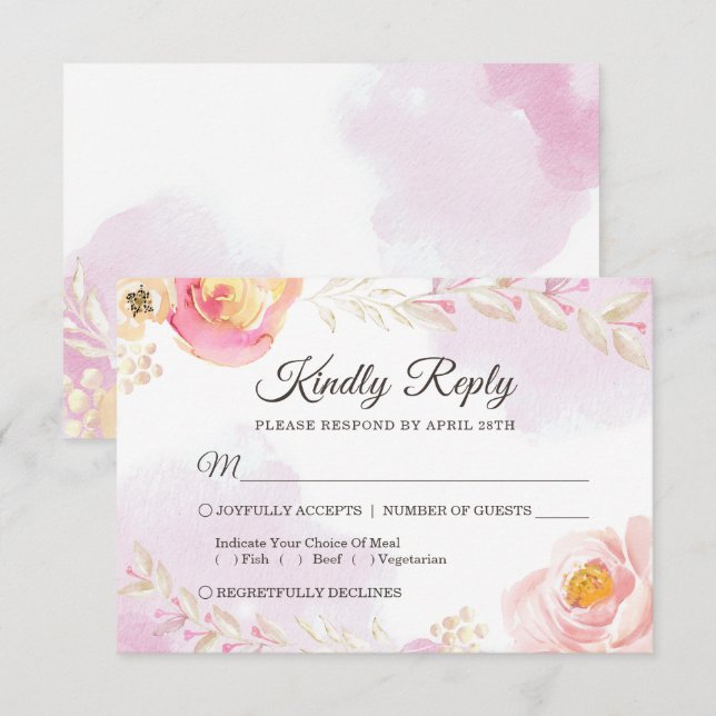 Spring Watercolor Girly Pink & Gold Wedding RSVP (Front/Back)