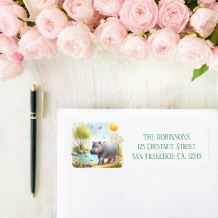 Spring Watercolor Hippopotamus Return Address