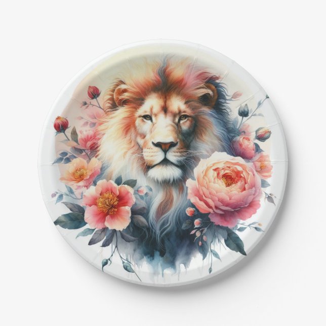 Spring Watercolor Lion Paper Plate (Front)