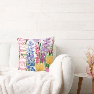 SPRING WATERCOLOR MEADOW FLOWERS THROW PILLOW