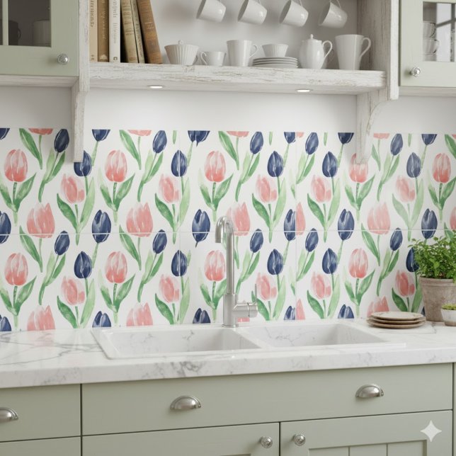 Spring Watercolor Navy Pink Tulip Pattern Tile (Creator Uploaded)