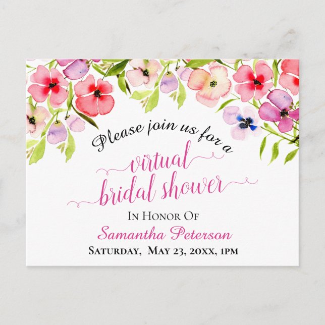 Spring Watercolor Pansies Virtual Bridal Shower Invitation Postcard (Front)