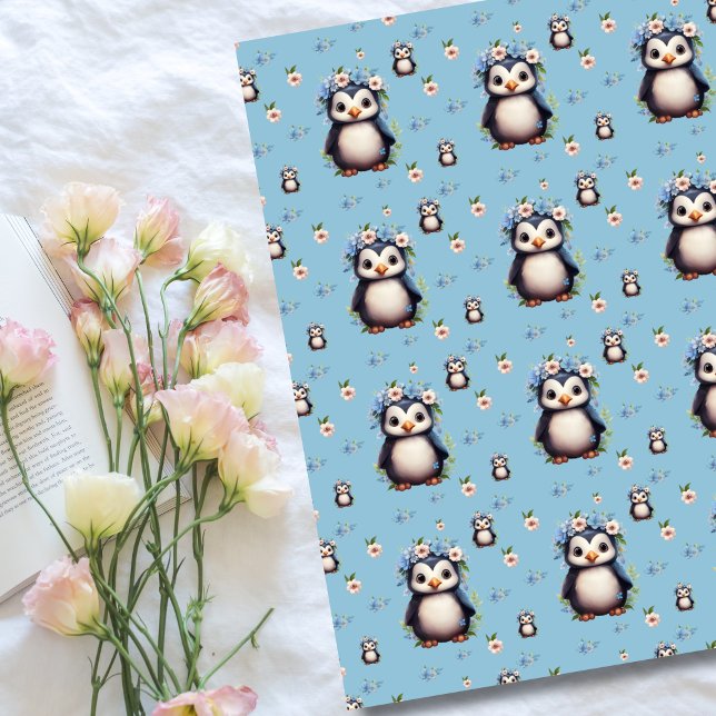Spring Watercolor Penguins with Flowers in Blue Fleece Blanket (Bilingual blue blanket with cute penguins, personalized text & custom Spanish. multilingual project)
