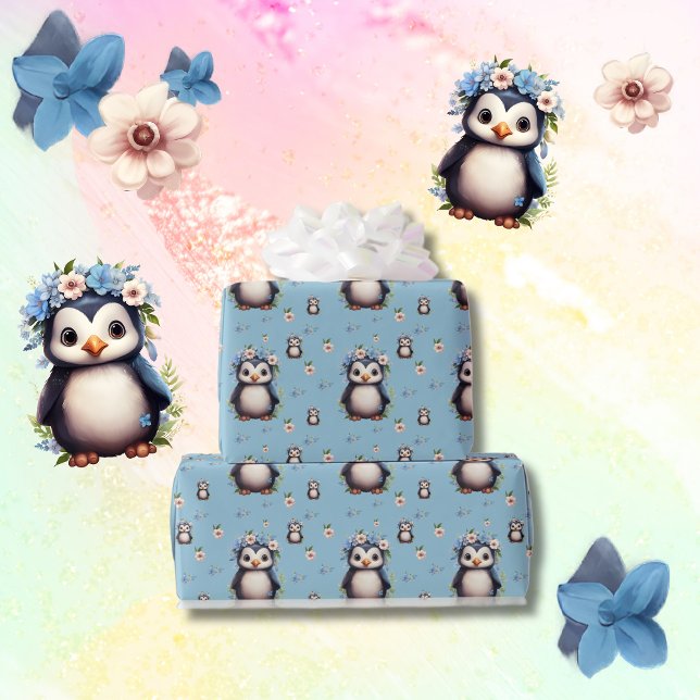 Spring Watercolor Penguins with Flowers in Blue Wrapping Paper (Watercolor penguins pattern, spring pastel colors, bilingual text custom. multilingual project.)