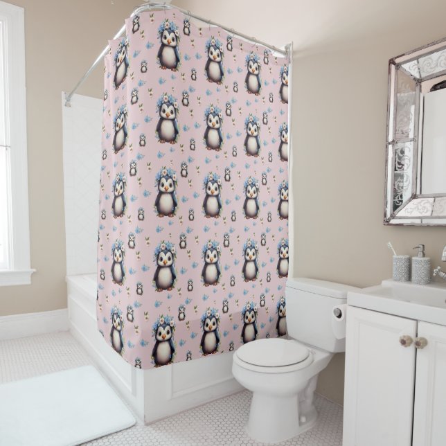 Spring Watercolor Penguins with Flowers in Pink (In Situ)