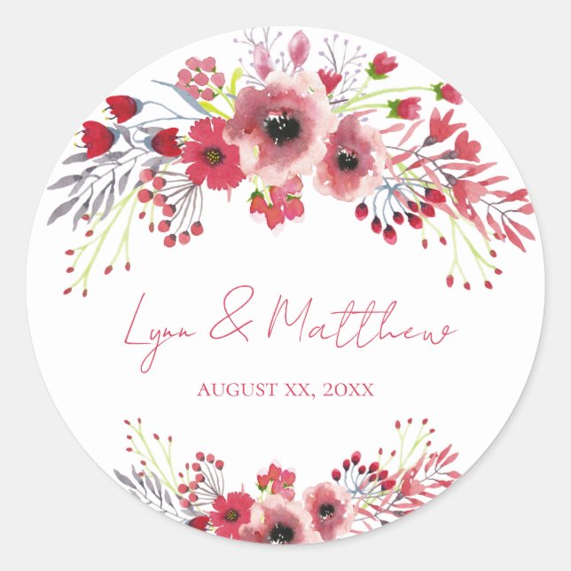 Spring Watercolor Poppy Red Flowers Wedding Classic Round Sticker (Front)