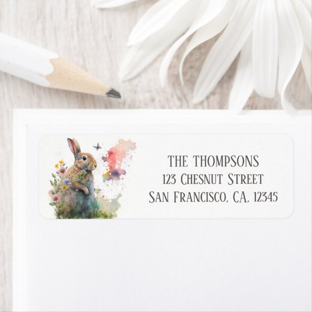 Spring Watercolor Rabbit Flowers Adresse de retour (En situation)