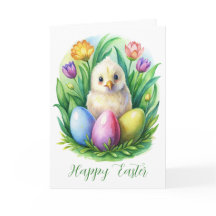 Spring watercolor with cute chicken and dyed eggs
