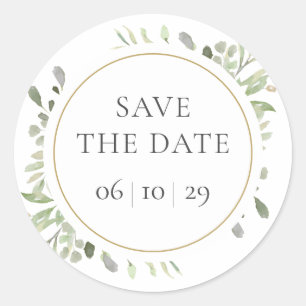 Spring Watercolour Greenery Leaves Save the Date Classic Round Sticker