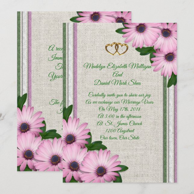 Spring Wedding invitation Daisies on linen (Front/Back)