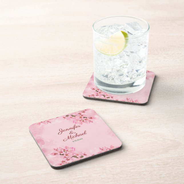 Spring Wedding Pink Cherry Blossoms Coaster (Right Side)