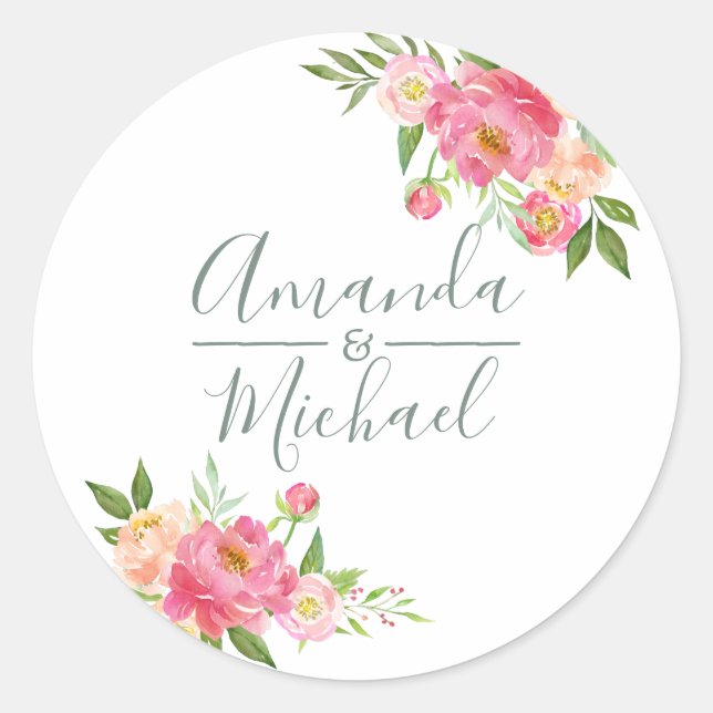Spring Wedding watercolor Peony flowers Classic Round Sticker (Front)