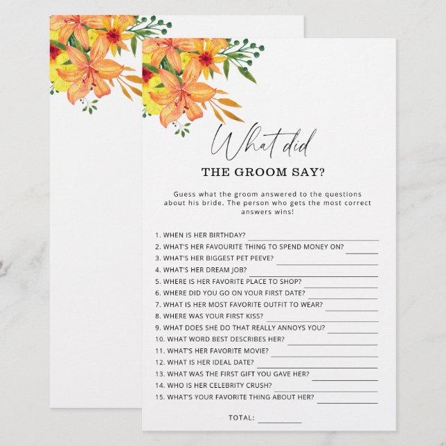 Spring What did the groom say bridal game (Front/Back)