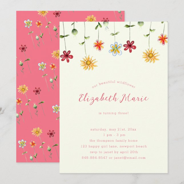 Spring Whimsical Wildflower Hot Pink Girl Birthday Invitation (Front/Back)
