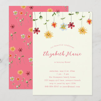 Spring Whimsical Wildflower Hot Pink Girl Birthday Invitation