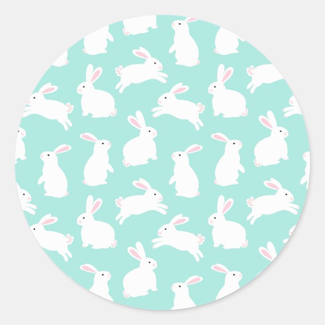 Spring White Bunnies Pattern  Classic Round Sticker (Front)