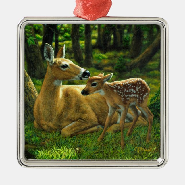 Spring Whitetail Fawn and Mother Deer Metal Ornament (Front)