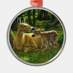 Spring Whitetail Fawn and Mother Deer Metal Ornament