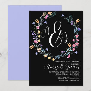 Spring Wild Flower Wreath Purple Black Wedding Invitation