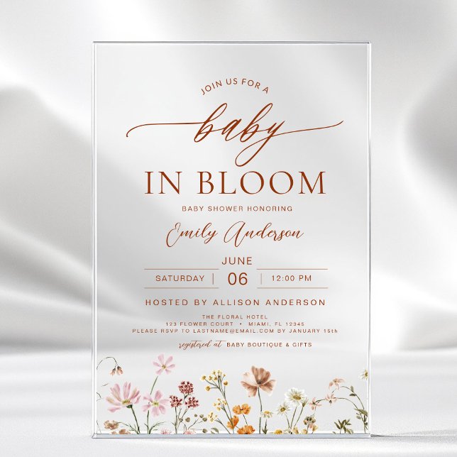 Spring Wildflower Baby in Bloom Baby Shower Acrylic Invitations (Creator Uploaded)