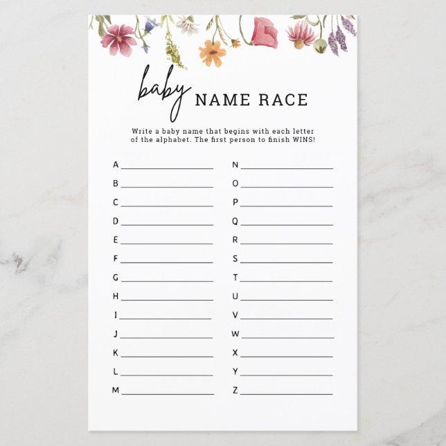 Spring Wildflower Baby Shower Baby Name Race Game (Front)