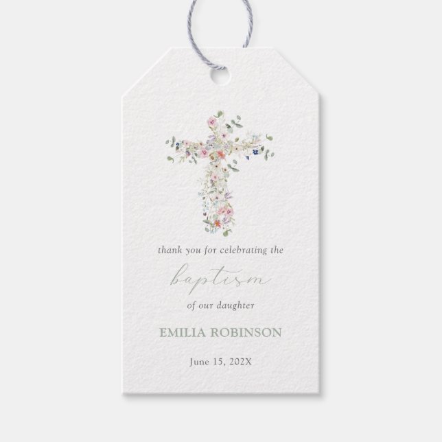 Spring Wildflower Cross Girl Baptism Favour Tag (Front)