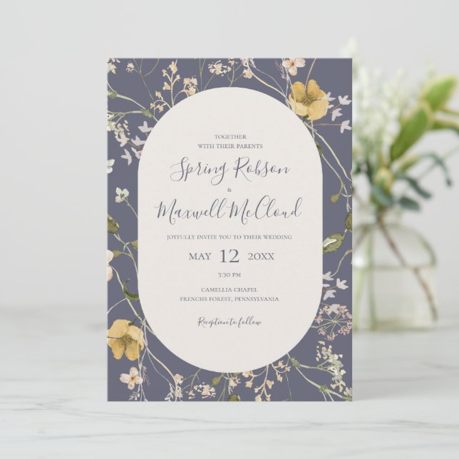 Spring Wildflower Dusty Purple All In One Wedding  Invitation (Standing Front)