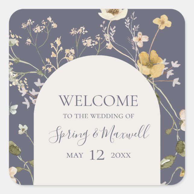 Spring Wildflower | Dusty Purple Wedding Welcome Square Sticker (Front)