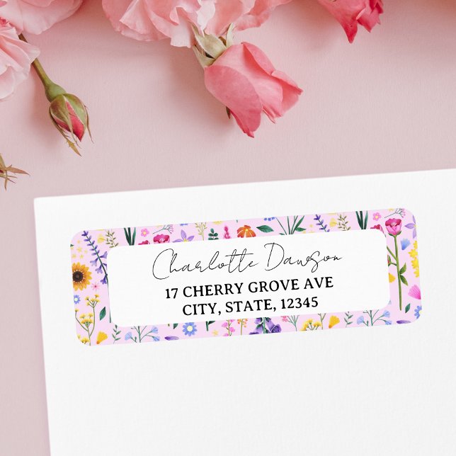 Spring Wildflower Floral Pink Girly Return Address (Spring Wildflower Birthday Party Label)