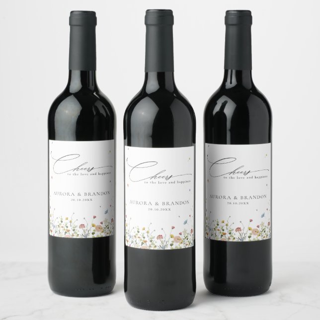 Spring Wildflower Garden Floral Minimalist Wedding Wine Label (Bottles)