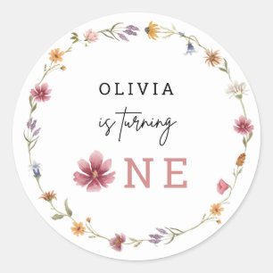 Spring Wildflower Is Turing One 1st Birthday Invit Classic Round Sticker