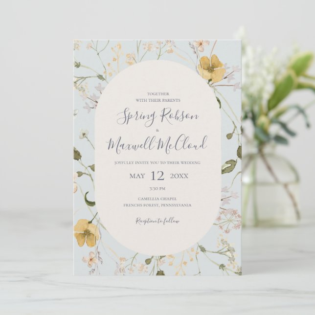 Spring Wildflower | Light Blue All In One Wedding  Invitation (Standing Front)