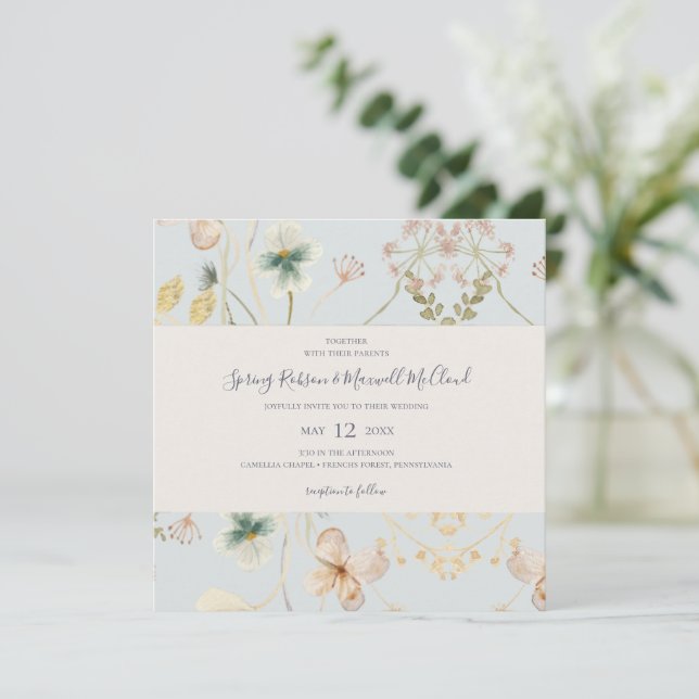 Spring Wildflower | Light Blue Square Wedding Invitation (Standing Front)