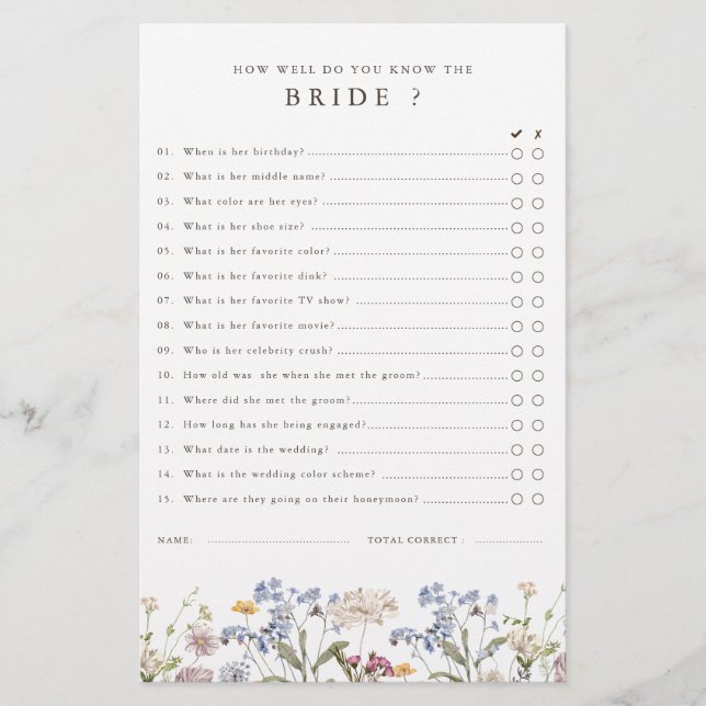 Spring Wildflower Meadow Garden Bridal Shower Game (Front)
