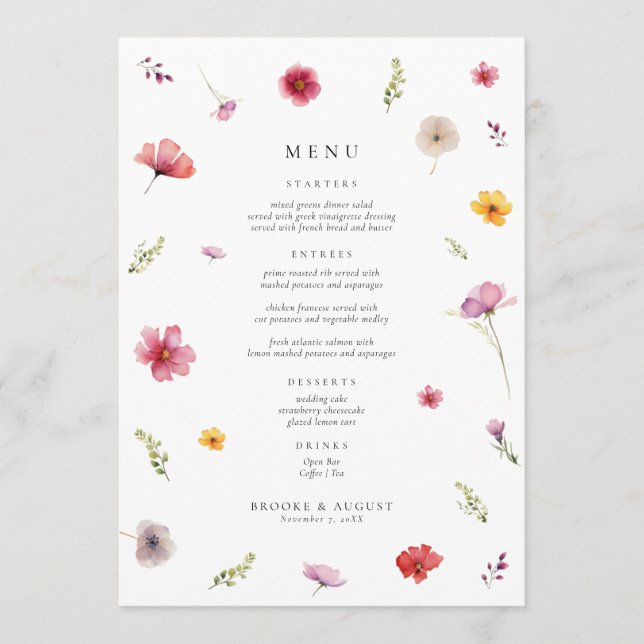 Spring Wildflower Wedding Menu Card (Front)