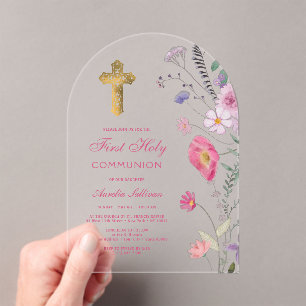 Spring Wildflowers Arch First Communion Acrylic Invitations