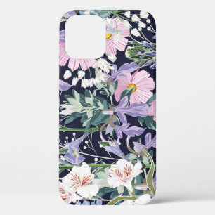 Spring Wildflowers: Dark Blue Vintage. iPhone 12 Case