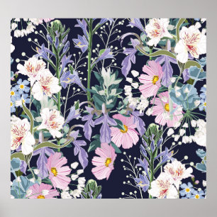 Spring Wildflowers: Dark Blue Vintage. Poster