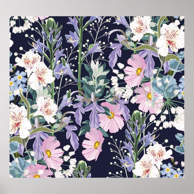 Spring Wildflowers: Dark Blue Vintage. Poster (Front)