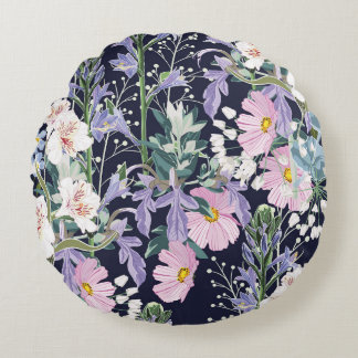 Spring Wildflowers: Dark Blue Vintage. Round Pillow